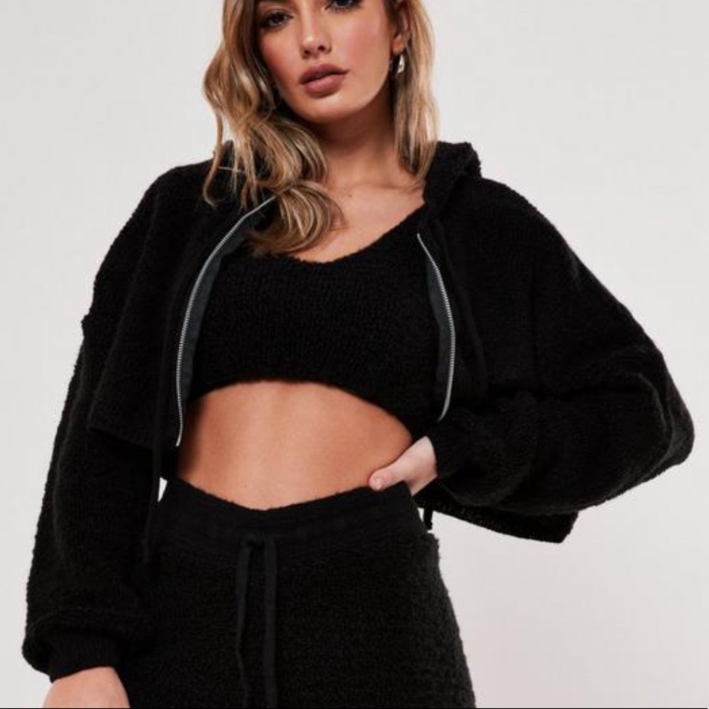 Missguided Black Boucle Crop Hoodie + Crop Top